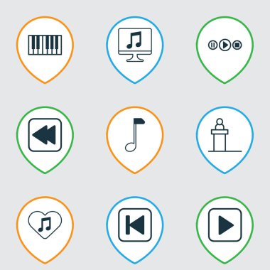 Müzik simgeleri, bilgisayar, müzik çalma ve diğer sevilen melodi öğeleri geri, geri sarma müzik ile ayarlayın. İzole vektör illüstrasyon müzik simgeleri.