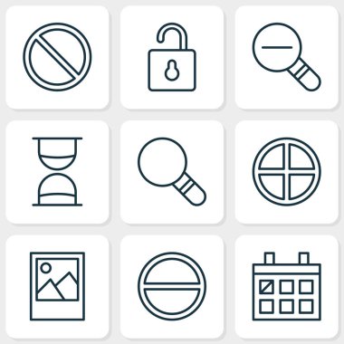 Internet simgeleri Almanak'ı ile kum zamanlayıcı ayarlamak loup görüntü öğelerini azaltın. İzole vektör çizim Internet simgeleri.