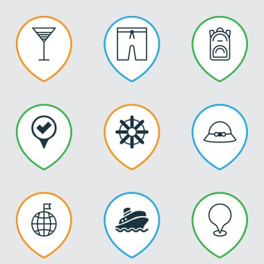 Seyahat simgeleri ile konum işaretçisini, yaz şapka, ayarla cruise ve öğeleri diğer Yüzme kıyafetleri. İzole vektör illüstrasyon seyahat simgeler.
