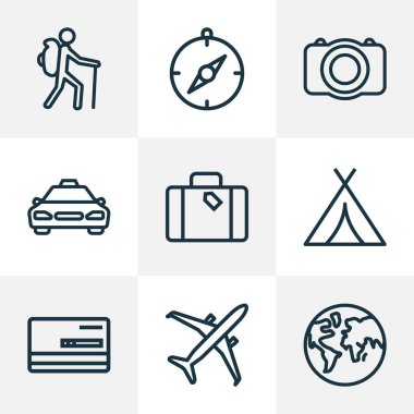 Simgeler çizgi stili seyahat bavul, fotoğraf makinesi, taksi ve diğer gölgelik öğeleri ile ayarlayın. Simgeler seyahat izole vektör çizim.