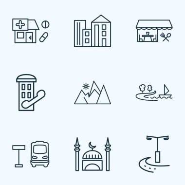 Kentsel simgeleri stil Restoran, eczane, dağlar ve diğer eczane öğeleri kümesi satır. İzole vektör illüstrasyon kentsel simgeleri.