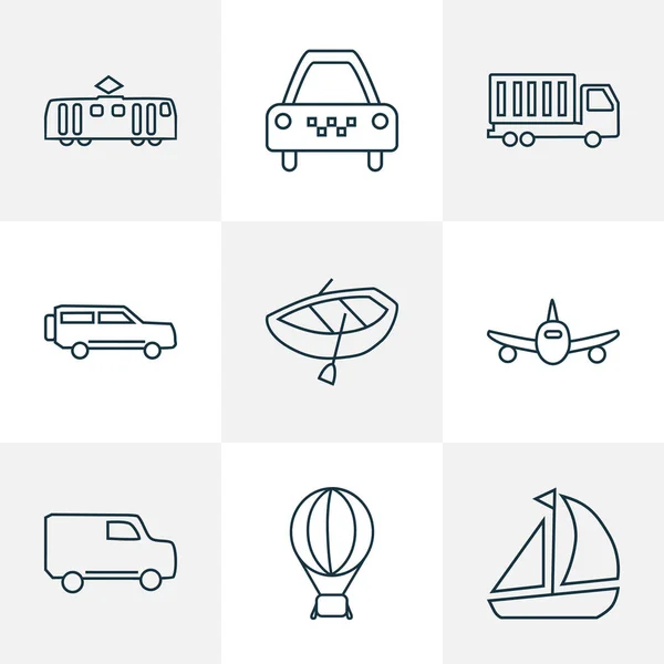 Iconos del vehículo estilo de línea con globo aerostático, furgoneta, barco y otros elementos de la furgoneta. Iconos de vehículo de ilustración vectorial aislado . — Archivo Imágenes Vectoriales