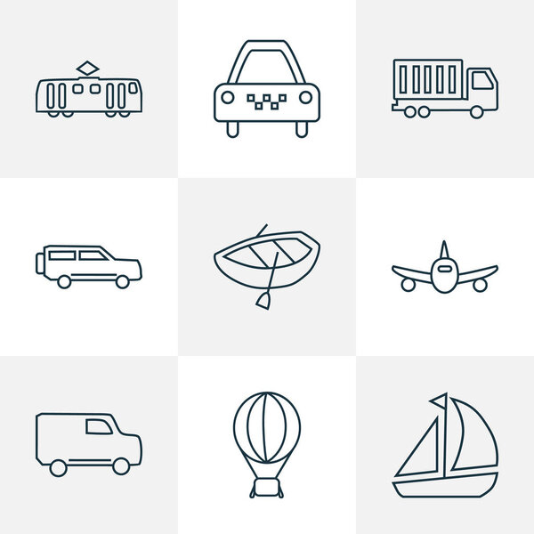 Vehicle icons line style set with air balloon, van, boat and other van elements. Isolated vector illustration vehicle icons.