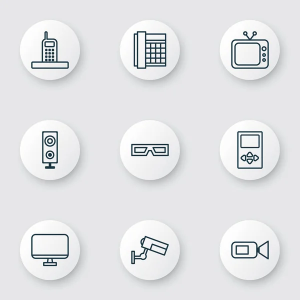 Conjunto de iconos de hardware con dispositivo multimedia, teléfono de oficina, gafas 3D y otros elementos de videocámara. Iconos de hardware de ilustración vectorial aislado . — Vector de stock