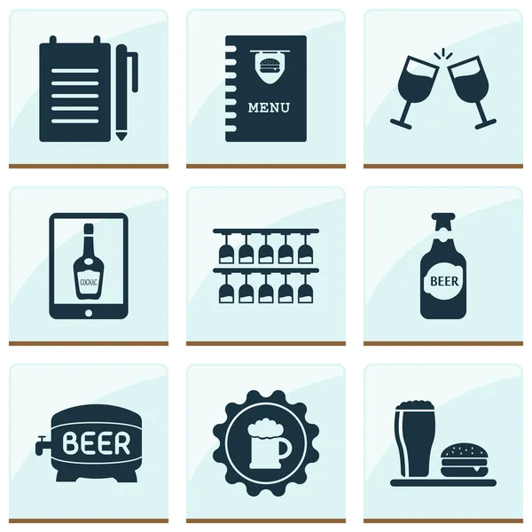 Conjunto de iconos de alcohol con copa, placa, botella de cerveza y otros elementos de bloc de notas. Iconos de alcohol de ilustración vectorial aislado . — Vector de stock