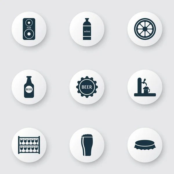 Conjunto de iconos de bebida con vaso de cerveza, tapa de cerveza, columna y otros elementos de calado. Iconos de bebidas de ilustración vectorial aislado . — Vector de stock