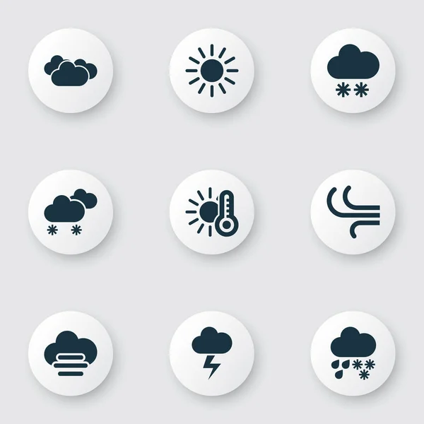 Iconos climáticos establecidos con granizo, sol, temperatura y otros elementos sinópticos. Iconos de clima de ilustración vectorial aislado . — Vector de stock