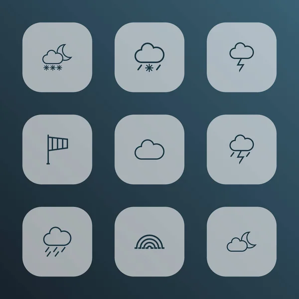 Éghajlat ikonok vonaltípus csatornákkal, villám, a köd, a blizzard és a havas eső elemeivel. Elszigetelt vektoros illusztráció éghajlat ikonok. — Stock Vector