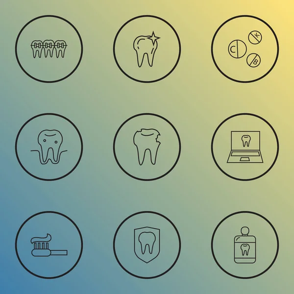 Стиль линии зубных икон с пародонтозом, полосканием рта, защитой зубов и другими чистящими элементами. Изолированные векторные иконки зубов . — стоковый вектор