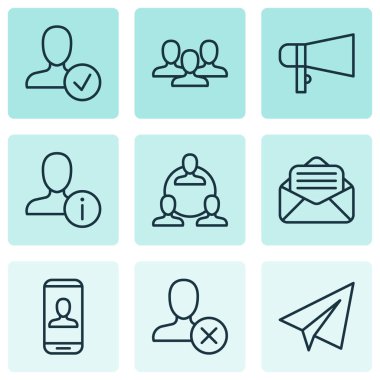 Sosyal simgeler personeli ile açık zarf, megafon ve diğer megafon öğeleri ayarlayın. İzole vektör çizim sosyal simgeler.