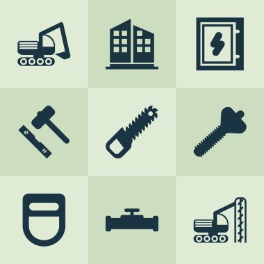 İnşaat simgeler frezeleme, sondaj makine ve diğer kanalizasyon öğeleri elektrik pano ile ayarlayın. İzole illüstrasyon inşaat simgeler.