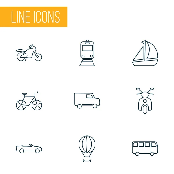 Передача піктограм лінії стилю встановлюється з кабріолетом, автобусом, кораблем та іншими елементами велосипеда. Ізольовані ілюстрації транзитні піктограми . — стокове фото