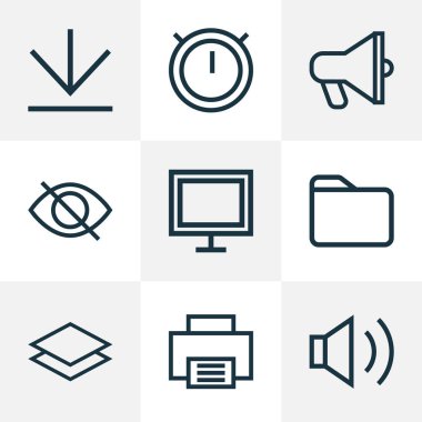 Kullanıcı simgeleri stil İndiriyor, amplifikatör, dosya ve ses diğer elemanları ile kümesi satır. İzole vektör çizim Kullanıcı simgeleri.