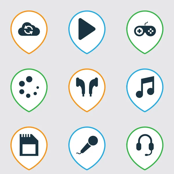 Conjunto de iconos multimedia con auriculares, reproducción, música y otros elementos de memoria. Iconos multimedia de ilustración aislada . — Foto de Stock