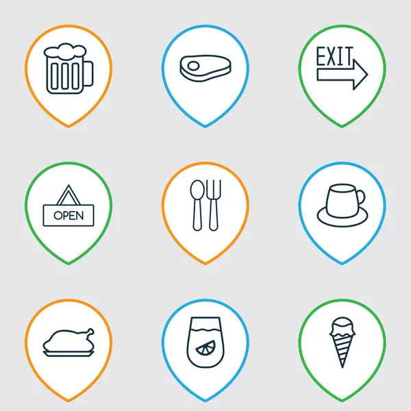 Conjunto de iconos de restaurante con carne de res, té, señal de salida y otros elementos de taza de café. Iconos de restaurante de ilustración vectorial aislado . — Archivo Imágenes Vectoriales