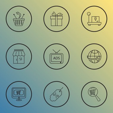 Ticaret simgeler stil indirim, aramak, teslimat ağırlığında ve diğer dükkanı öğeleri ile kümesi satır. İzole illüstrasyon ticaret simgeler.