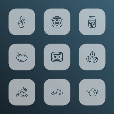 Gıda simgeler stil bardak petrol, fıstık ezmesi, Çaydanlık ve diğer su ısıtıcısı öğeleri ile kümesi satır. İzole illüstrasyon gıda simgeler.