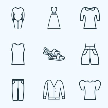 Simge stil akşam aşınma, yüzme gövdeleri, kapriler ve diğer gömlek öğeleri kümesi satır. İzole illüstrasyon simgeler.