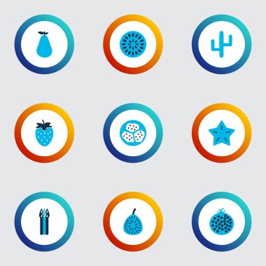 Sebze simgeler kümesi garnet, kuşkonmaz, incir ve diğer egzotik kavun öğeleri ile renkli. İzole illüstrasyon sebze simgeler.