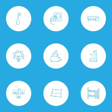 Dekor simgeler stil vazo, lightblub, köşe kanepe ve diğer cihaz öğeleri kümesi satır. İzole illüstrasyon dekor simgeler.