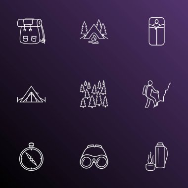 Faaliyet simgeleri stil pusula, sırt çantası, orman ve diğer turizm öğeleri kümesi satır. İzole illüstrasyon faaliyet simgeleri.