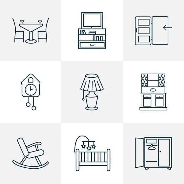 Interior icons line style set with tv stand, buffet, wall clock cot elements. Isolated  illustration interior icons.