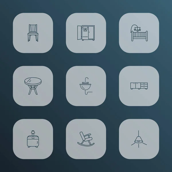 Dekor-Symbole Linie Stil-Set mit Esstisch, Schaukelstuhl, Deckenlampe und anderen Nachttischelementen. isolierte Illustration Dekor-Ikonen. — Stockfoto