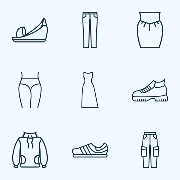 Icone stile linea set con scarpe piattaforma, mutande, scarpe da ginnastica e altri elementi di calzature. Isolate icone illustrazione . — Foto Stock