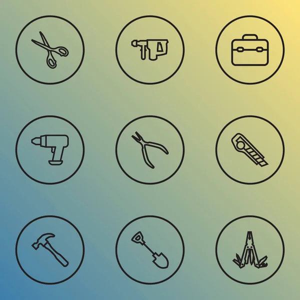 Handwerkzeuge Symbole Linie Stil-Set mit Schaufel, Multi-Tool, Schere und andere runde Zangen Elemente. isolierte Illustration Handwerkzeuge Symbole. — Stockfoto