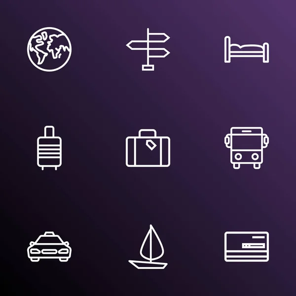 Iconos de viaje conjunto de estilo de línea con señalización, maleta, planeta y otros elementos de la nave. Iconos de viaje de ilustración aislada . — Foto de Stock