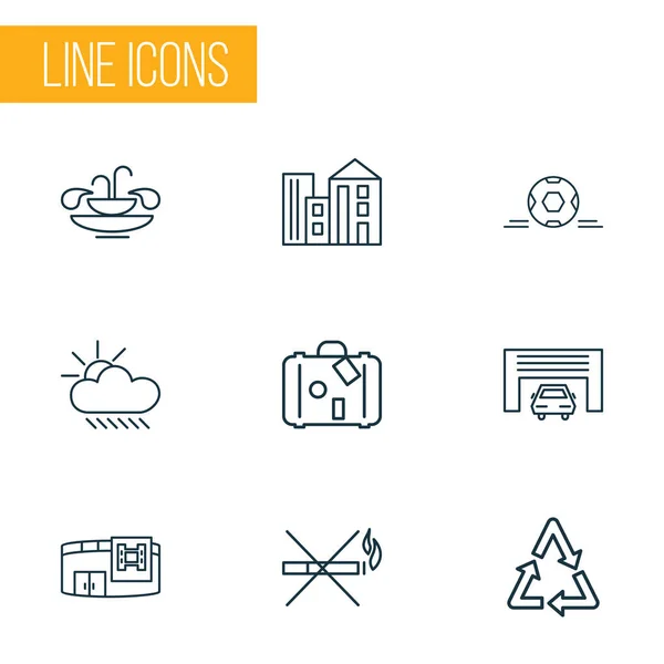 City icons line style set with weather, cinema, football ball and other soccer elements. Isolated  illustration city icons.