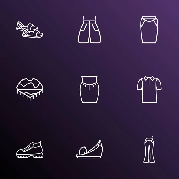 Icone alla moda stile linea set con polo, sandali, elementi calzature abbigliamento. Isolato illustrazione icone alla moda . — Foto Stock