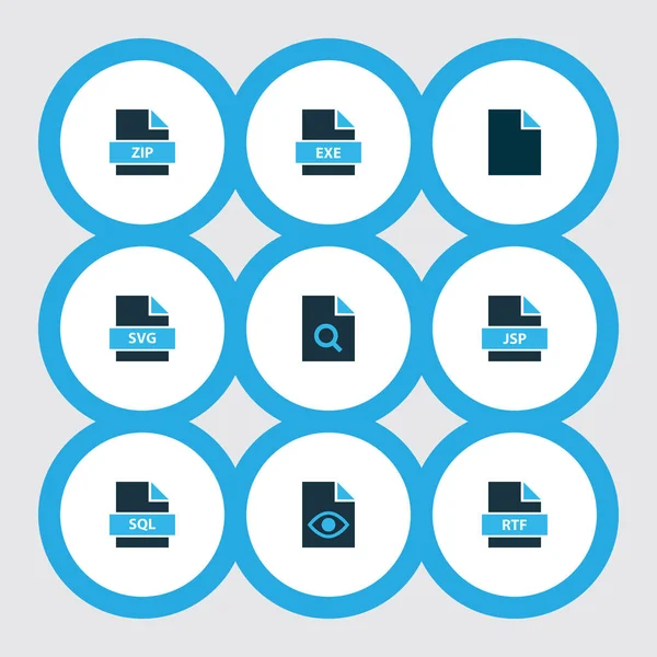 Tipos iconos de color conjunto con exe archivo, archivo de búsqueda, zip archivo y otros elementos de archivo. Iconos de tipos de ilustración aislados . —  Fotos de Stock
