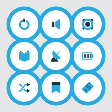 Multimedya simgeler başlangıç, ücret, Bağıntı antenler ve diğer öğrenme öğeleri kümesi renkte. İzole vektör çizim multimedya simgeler.