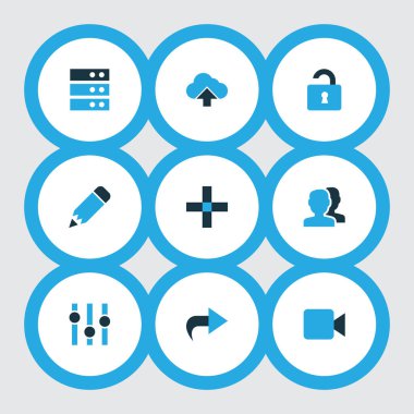 Renkli kümesiyle eklemek, kilidini açmak, düzenleme arayüzü simgeleri ve diğer öğeleri kalem. İzole vektör çizim arayüzü simgeler.