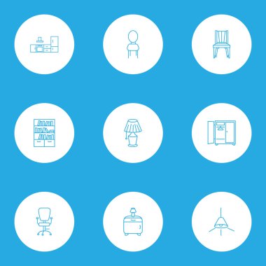 İç simge stil başucundaki, tavan lambası, ofis koltuğu ve diğer sandalye öğeleri kümesi satır. İzole vektör illüstrasyon iç simgeler.