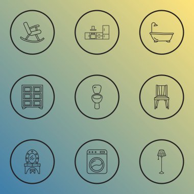 Mobilya simgeler stil çamaşır makinesi ile yemek sandalye, tuvalet masası ve diğer bide öğeleri kümesi satır. İzole vektör çizim mobilya simgeler.