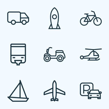 Park, karavan, Yelkenli ve diğer tramvay öğeleri ile ayarlamak simgeleri çizgi stili taşıma. İzole vektör çizim taşıma simgeler.