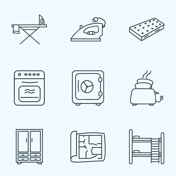 Interieur pictogrammen lijnstijl ingesteld met kast, plan van het huis, oven en andere flatiron elementen. Geïsoleerde vector illustratie interieur pictogrammen. — Stockvector