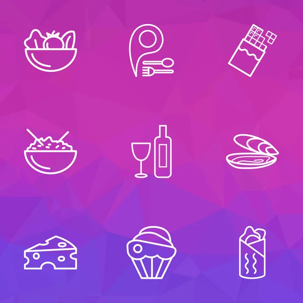 Ernährung Symbole Linie Stil-Set mit Cheddar, Cupcake, Auster und anderen Burrito-Elemente. isolierte Vektorabbildung Ernährungssymbole. — Stockvektor