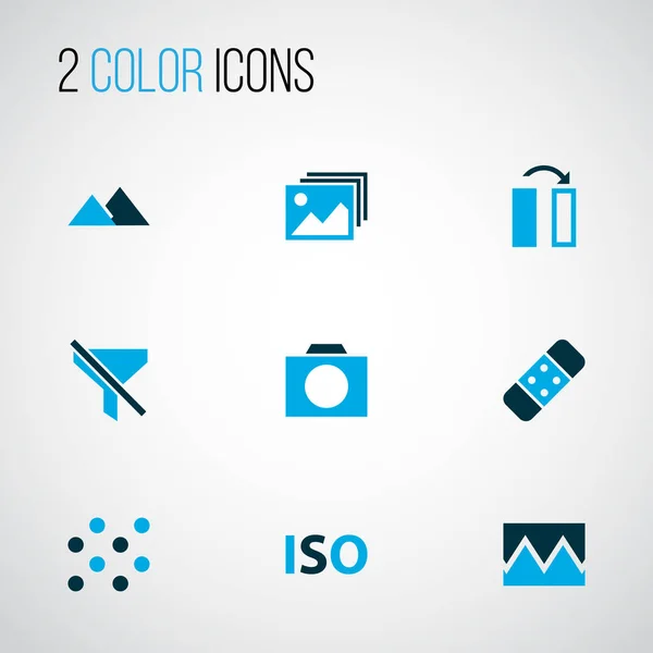 Image icons colored set with photographing, flip, filtration and other photo apparatus elements. Isolated vector illustration image icons.