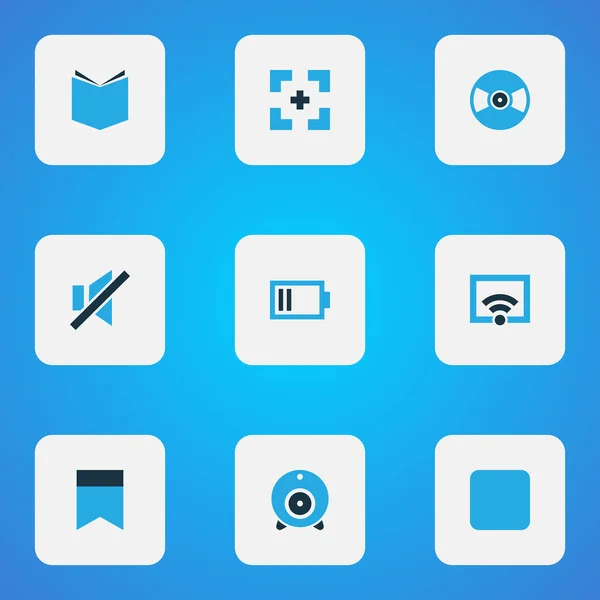 Media iconen gekleurde set met webcam, bladwijzer, wifi en andere signaal elementen. Geïsoleerde vector illustratie media iconen. — Stockvector