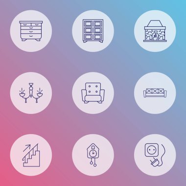 Dekor simgeler stil ile avize, duvar saati, birim aydınlatma elemanları raf kümesi satır. İzole illüstrasyon dekor simgeler.