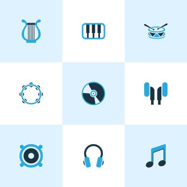 Müzik simgeler kümesi ile müzik, kulaklık, timbrel ve diğer hoparlör öğeleri renkli. İzole illüstrasyon müzik simgeleri.