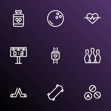 Yaşam tarzı simgeleri stil Bovling, uyuşturucu ve diğer dokuz kukayı öğeleri akıllı saatle kümesi satır. İzole illüstrasyon yaşam tarzı simgeleri.