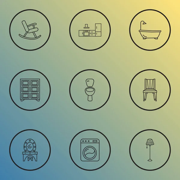 Decor ikoner linje stil set med tvättmaskin, matplats stol, toalettbord och andra bidé element. Isolerade illustration inredning ikoner. — Stockfoto