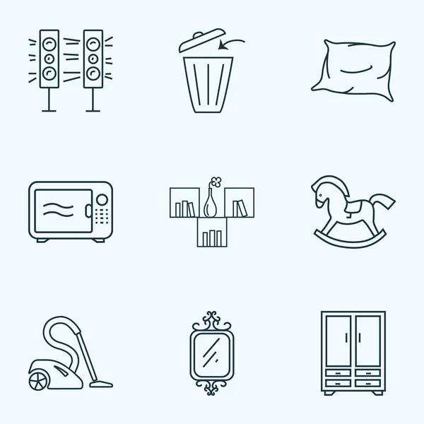 Interior icons line style set with wall shelf, sound system, microwave and other speaker elements. Isolated  illustration interior icons.