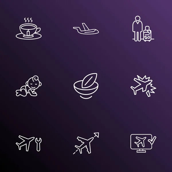 Airport icons line style set with vegan food, flight direction, aircraft maintenance and other monitor elements. Isolated  illustration airport icons.