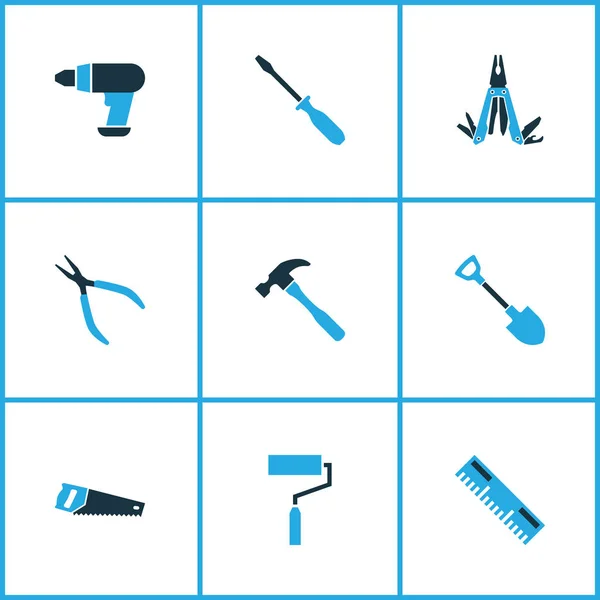 Werkzeuge Symbole farbiges Set mit Bohrmaschine, Schraubendreher, Hammer und andere runde Zangen Elemente. Symbole für isolierte Illustrationswerkzeuge. — Stockfoto