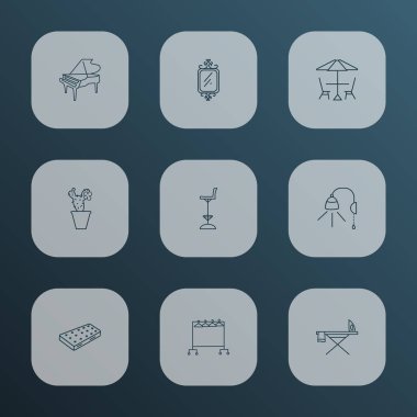 Dekor simgeler stil kümesi duvar ayna, kuyruklu piyano, uzun boylu sandalye tezgah öğeleri satır. İzole vektör çizim dekor simgeler.